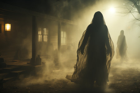 two people in a foggy night with a house in the backgroundの素材