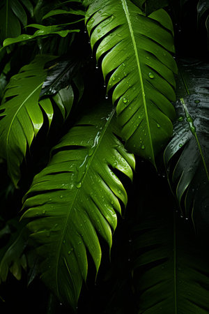 tropical leaves with water droplets on themの素材