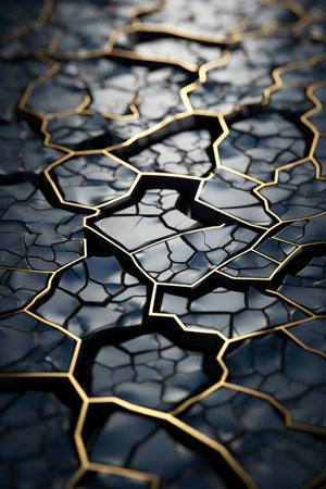 the cracked surface of a black and gold backgroundの素材