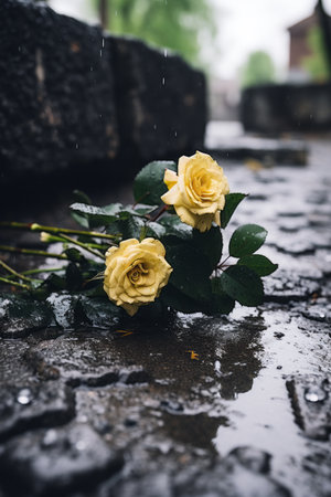 two yellow roses sitting on the ground in the rainの素材