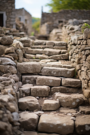 stone steps leading up to an old stone buildingの素材