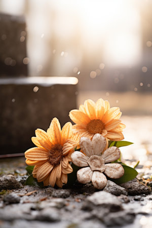 two flowers sit on top of a tombstone in the rainの素材