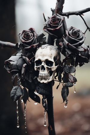 skull and roses on a branch in the woodsの素材
