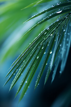 water droplets on the leaves of a palm treeの素材