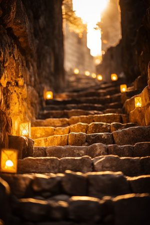 stone stairs with candles in the middle of the nightの素材