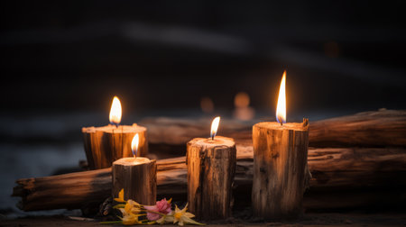 three burning candles in front of a logの素材