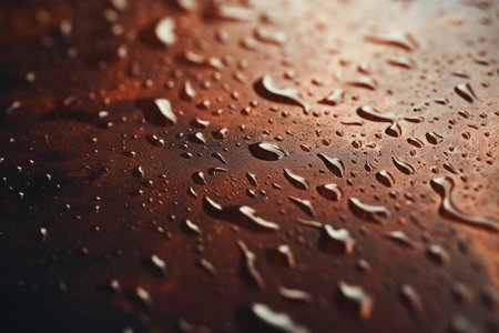 water drops on a brown surface with a dark backgroundの素材