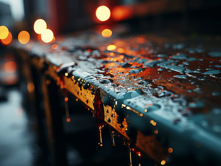 water drops on a metal table with lights in the backgroundの素材