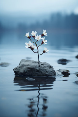 white flowers growing on a rock in the middle of a lakeの素材