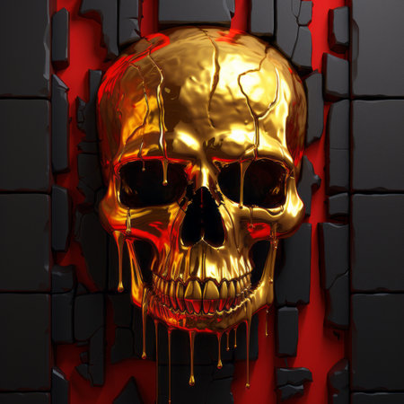 3d rendering of a gold skull on a red backgroundの素材