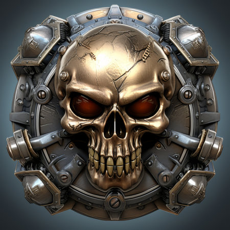 3d illustration of steampunk skull with gears and red eyes on a dark backgroundの素材