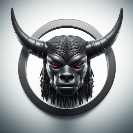 a black bull head with red eyes and horns on a white backgroundの素材