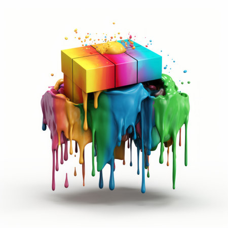 a colorful cube with paint dripping from itの素材