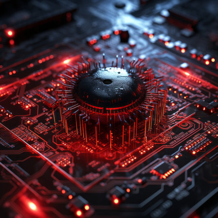 a computer motherboard with red lights on itの素材