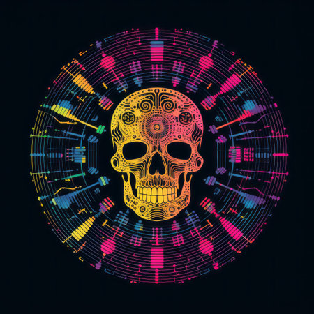 a colorful skull surrounded by musical notes on a black backgroundの素材