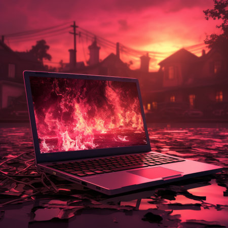a laptop on the ground with flames in the backgroundの素材