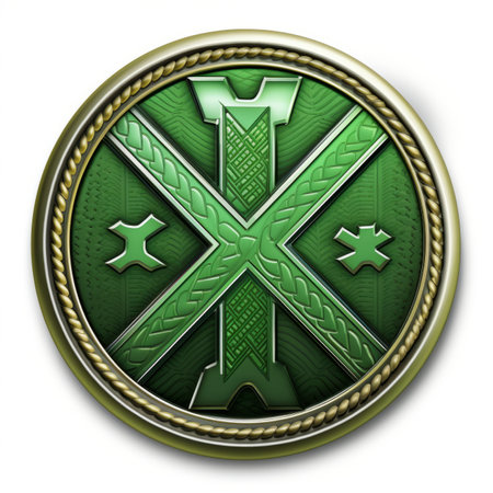 a green and gold emblem with a cross on itの素材