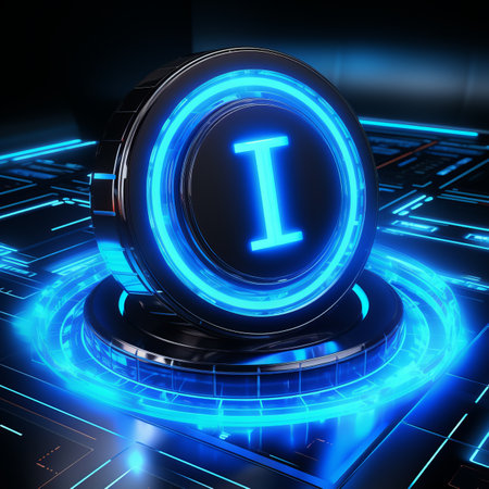 a glowing blue button with the letter i on itの素材