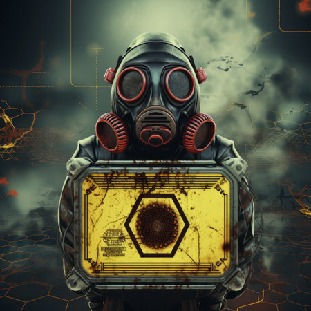 a man in a gas mask holding a yellow boxの素材
