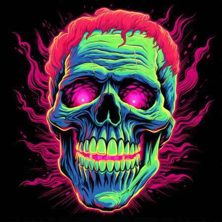 a neon skull with glowing eyes on a black backgroundの素材