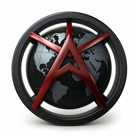 a red and black symbol on a globeの素材