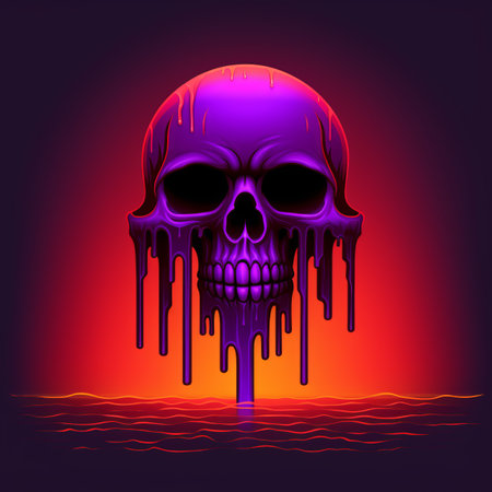a purple skull with dripping liquid on it in front of an orange sunsetの素材