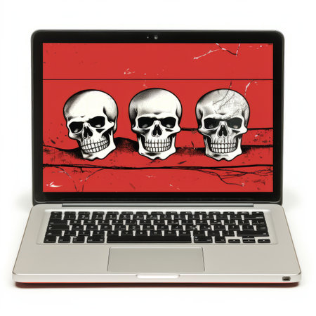 a laptop with three skulls on a red backgroundの素材