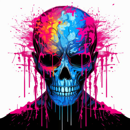 a skull with colorful paint splatters on itの素材
