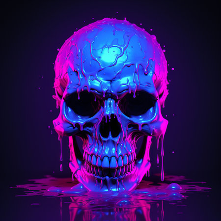 a skull with blue and purple paint on itの素材