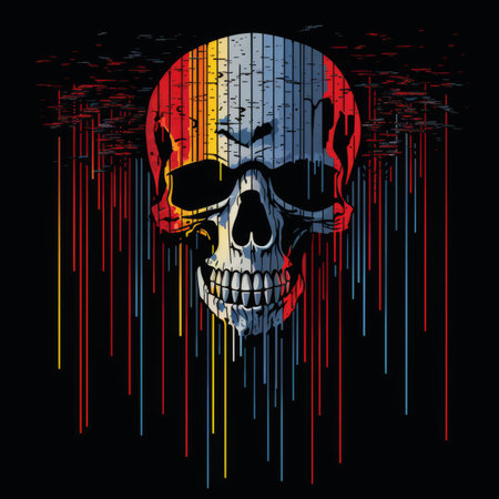 a skull with colorful paint dripping down its faceの素材