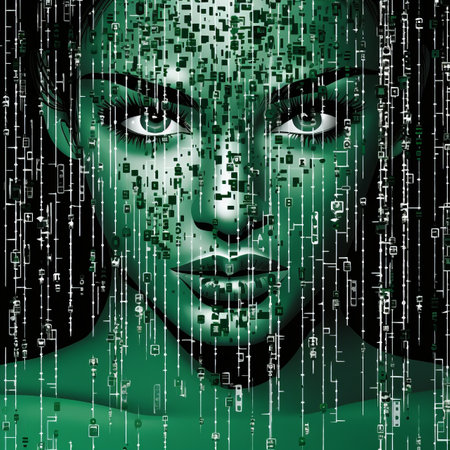 a womans face is covered in green matrix codeの素材