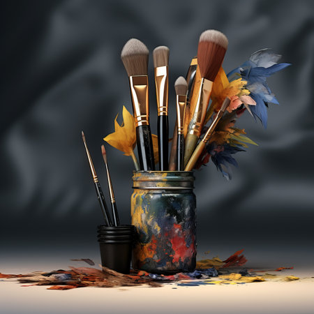 a vase filled with paint brushes and other brushesの素材
