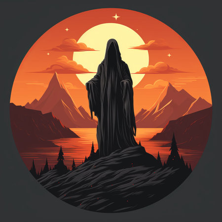 an illustration of a man standing on top of a mountain with the sun in the backgroundの素材