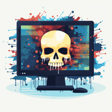an illustration of a computer screen with a skull on itの素材