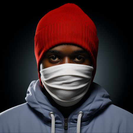 african american man wearing a medical mask on dark backgroundの素材