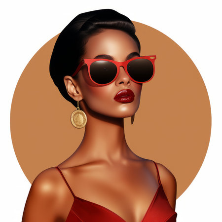 an illustration of a woman wearing red sunglasses and earringsの素材
