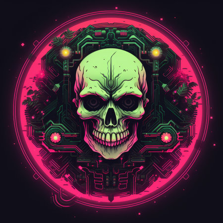 an illustration of a skull with glowing eyes in front of an electronic circuit boardの素材