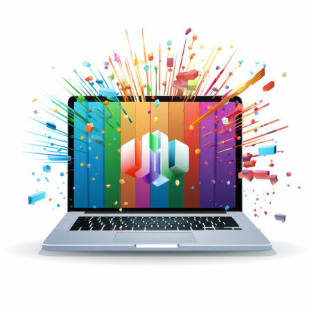 an open laptop with colorful confetti coming out of itの素材