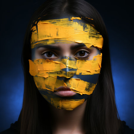 portrait of a young woman with yellow and black paint on her faceの素材
