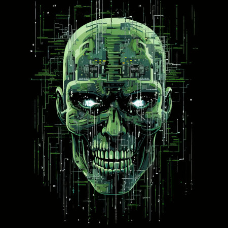 an image of a green skull with a circuit board backgroundの素材
