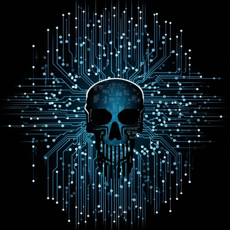 skull on a black background with a circuit board in the backgroundの素材