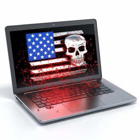 laptop with american flag and skull on screenの素材