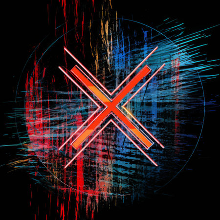 the x symbol on a black background with red blue and yellow paintの素材