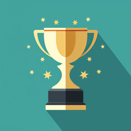 a flat icon of a gold trophy on a blue backgroundの素材