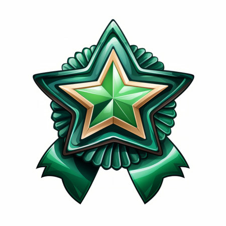 a green star badge with a ribbon around itの素材