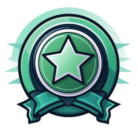 a green star badge with a ribbon around itの素材