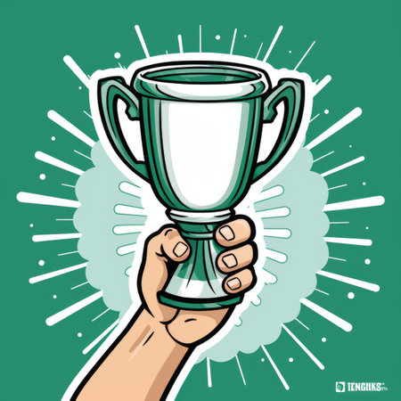 a hand holding a trophy in front of a green backgroundの素材