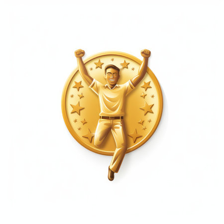 a man is jumping on a gold medal on a white backgroundの素材