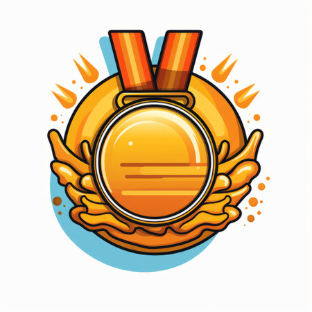 gold medal with wings and ribbon on a white backgroundの素材