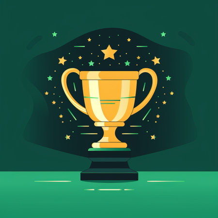 vector illustration of a gold trophy cup on a green backgroundの素材